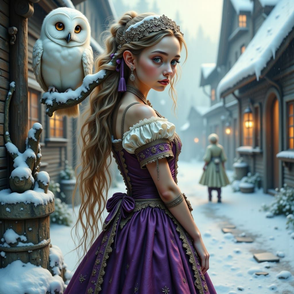 Ethereal Elf Girl in Snowy Alps with White Owl