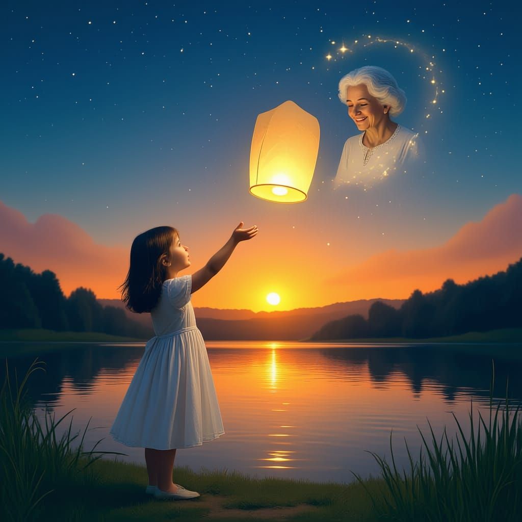 Girl Releases Lantern to Grandmother's Soul
