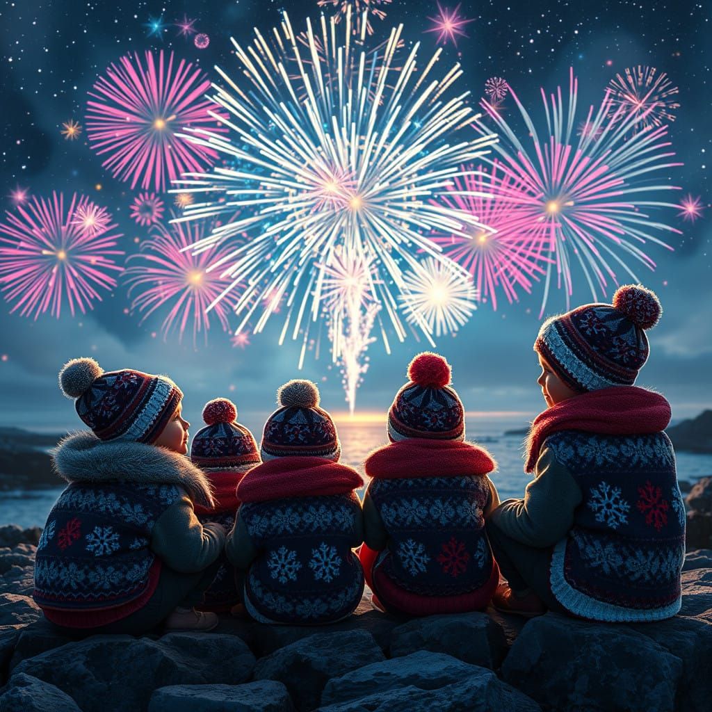 Rosy-cheeked Children Gaze in Wonder at Night Sky Fireworks