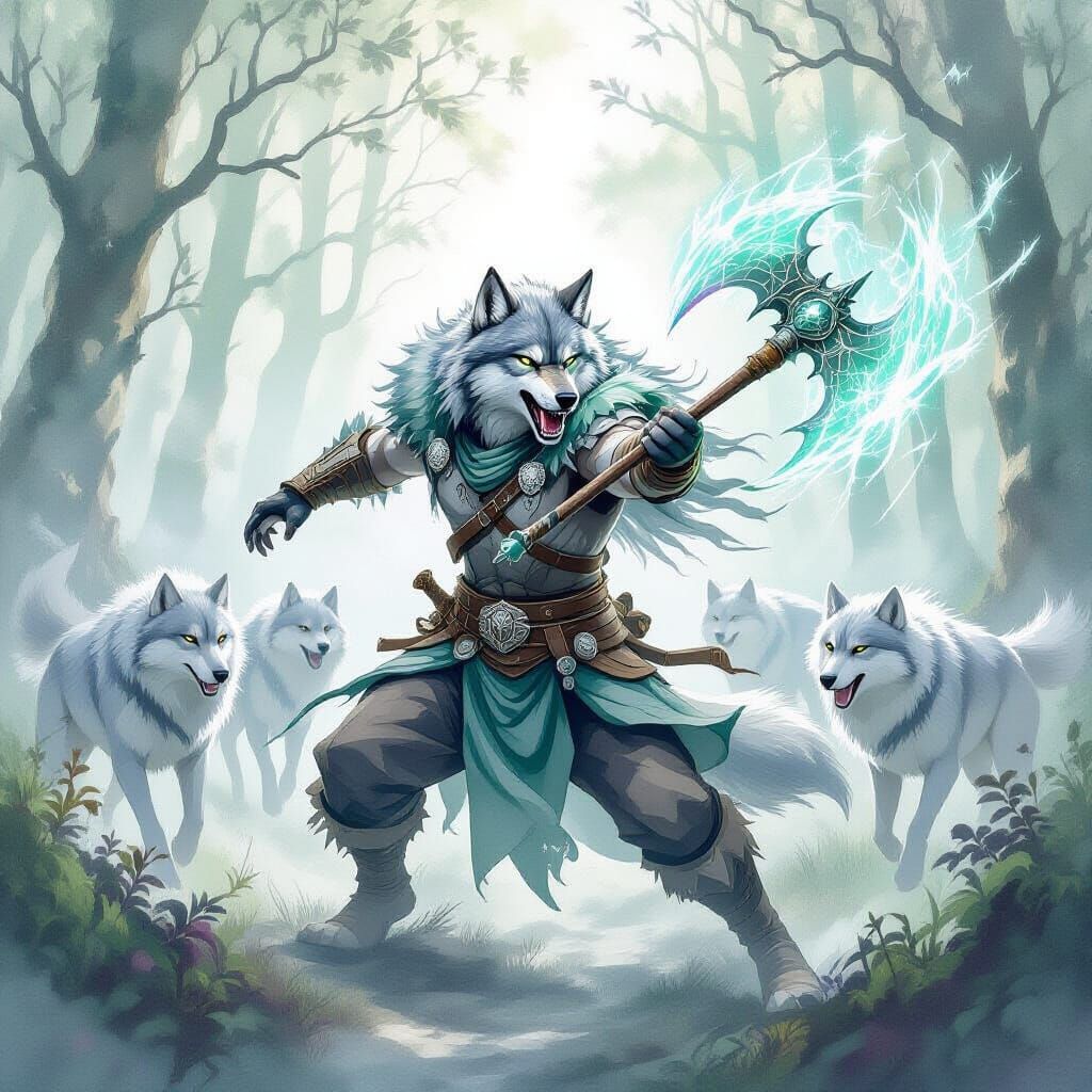 Ethereal Wolf Barbarian Attack in Watercolor Style