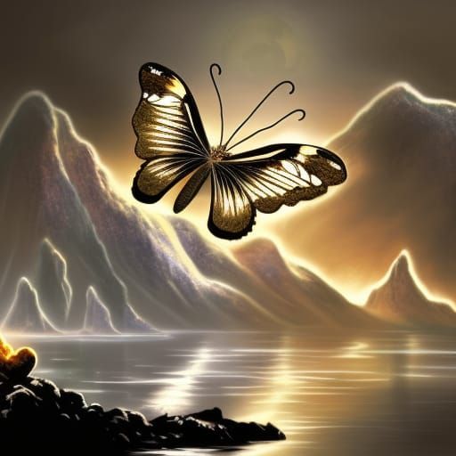 Golden Butterfly Over Moonlit Lake: Dark Fantasy Art