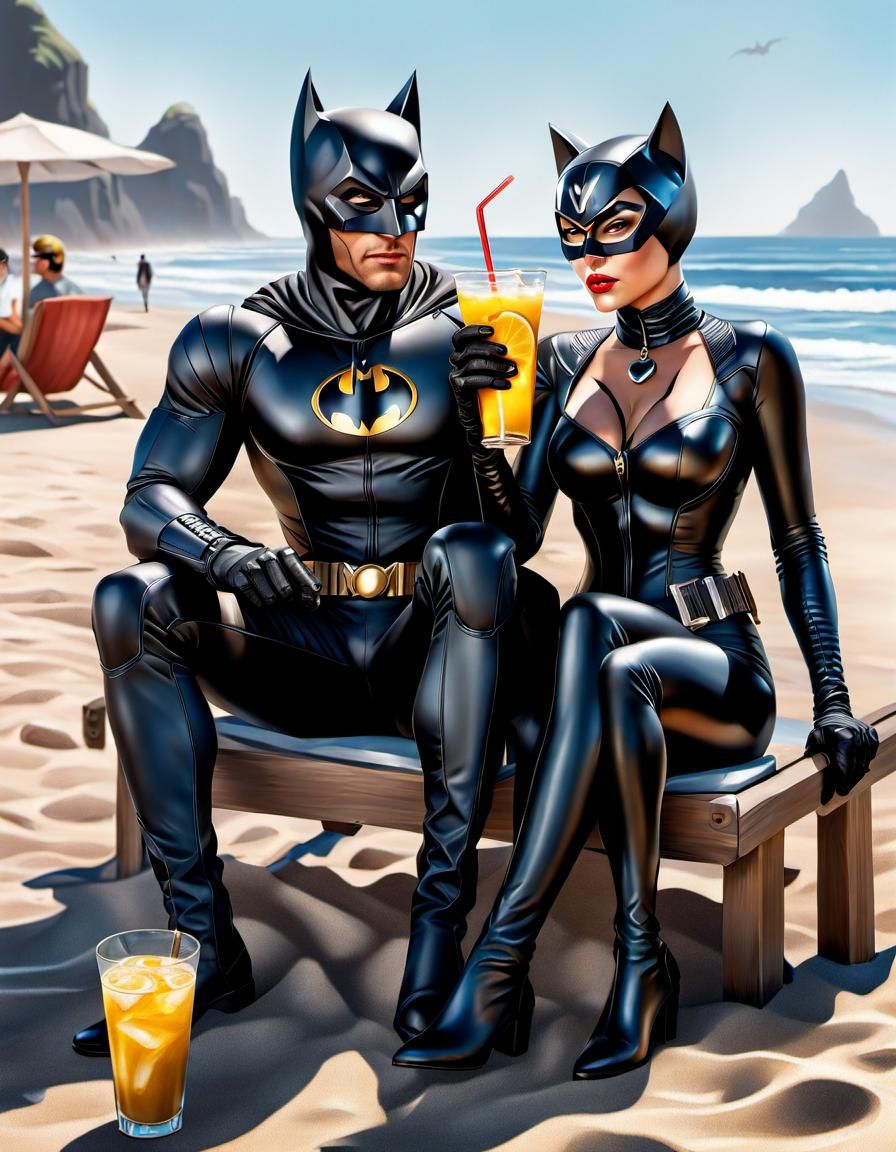 Batman and Catwoman enjoying the beach