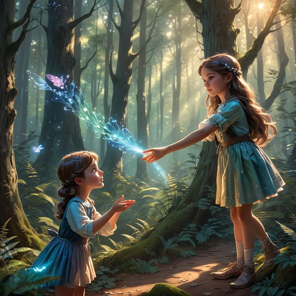 Girl Pets Iridescent Biquette in Mystical Forest