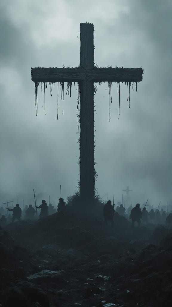 Ethereal Shadow Warriors Clash Beneath Darkened Cross