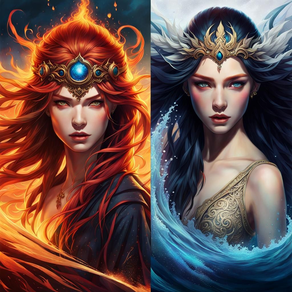 Elemental Mages: Fire and Water in Ethereal Style