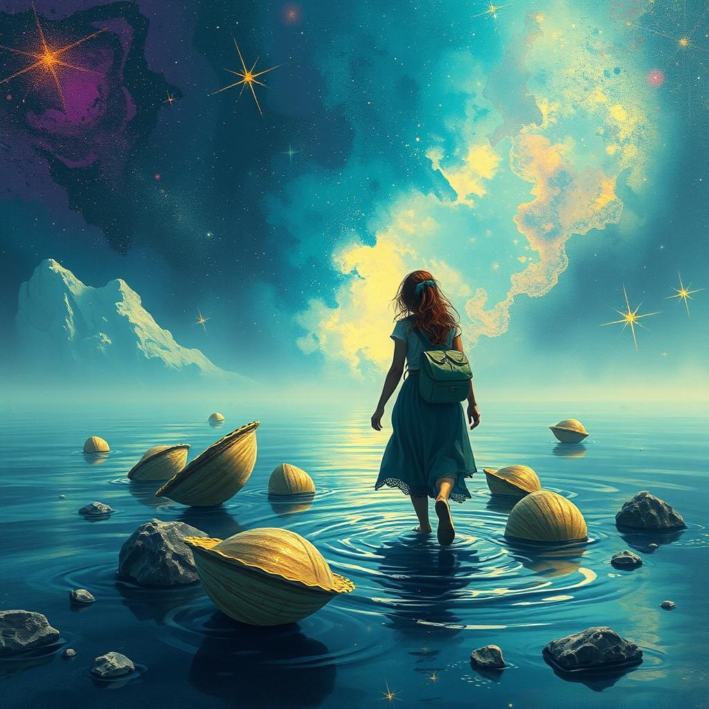 Woman Walks to Water: Holographic Cosmic Illustration