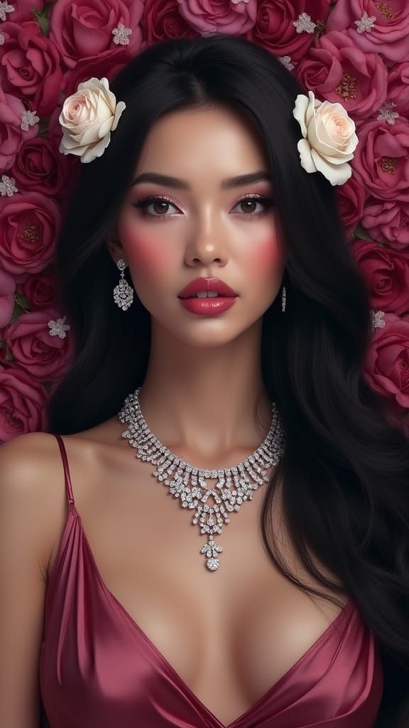 Elegant Woman with Roses in Cyberpunk Style