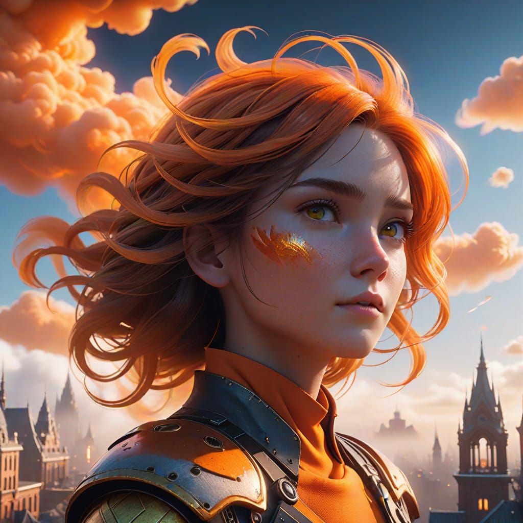Ethereal Orange Cloud Cityscape with Majestic Air Elemental....