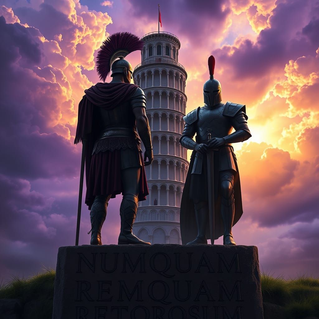 Roman Centurion and Knight Guarding Pisa, Dark Fantasy Art
