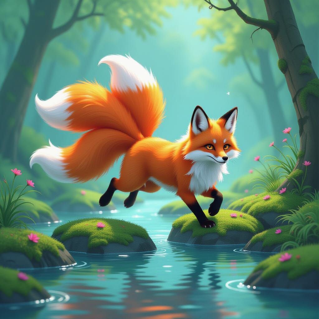 Nine-Tailed Fox Spirit in Dreamy Landscape