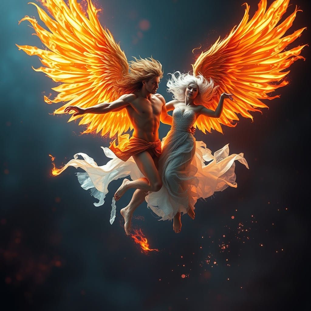 Male Fire angel and female ice angel dancing in the air.