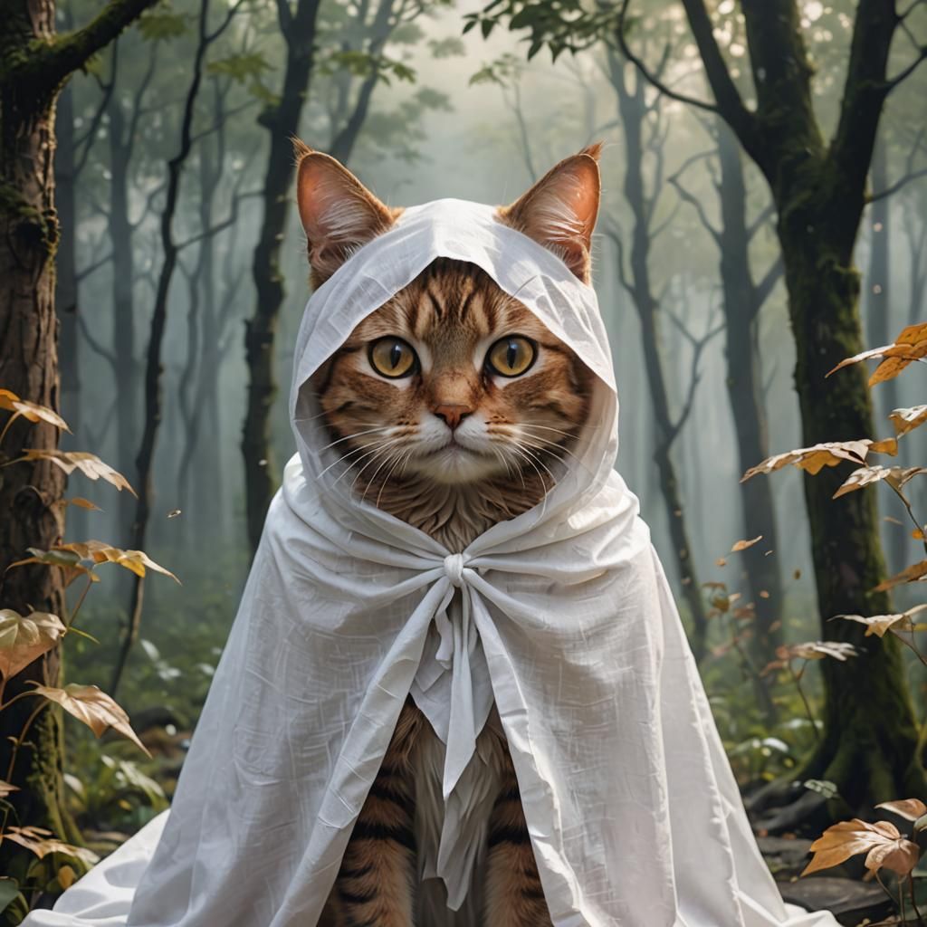 Cat as Ghost in Misty Forest, 3D Anime Art