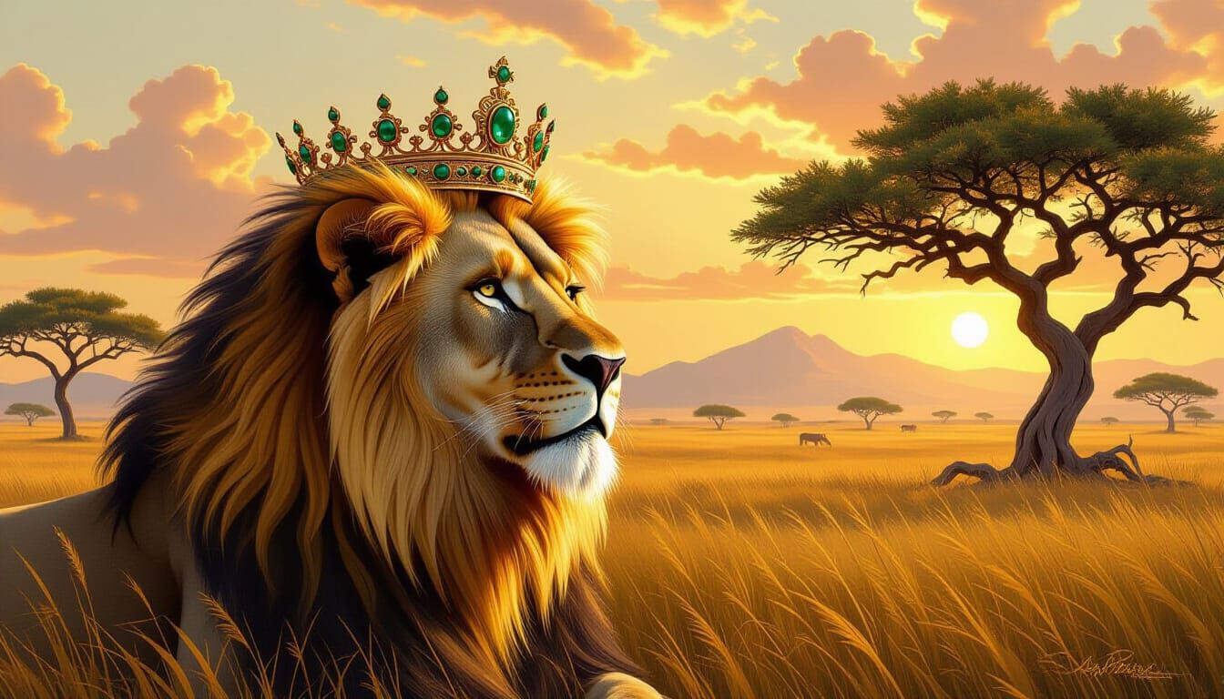 Majestic Lion King Surveys Sun-Dappled Savanna Kingdom