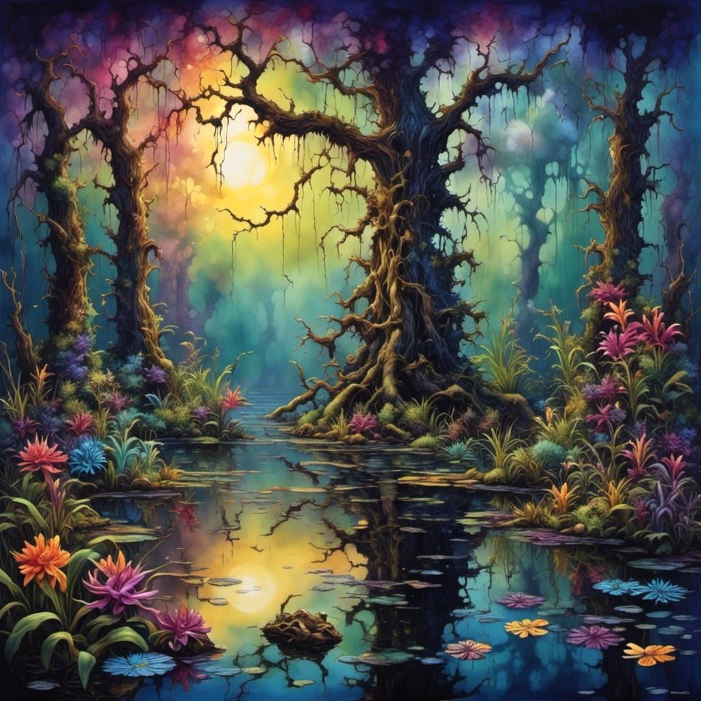 Colorful Louisiana Swamp With Swamp Creature in 3D