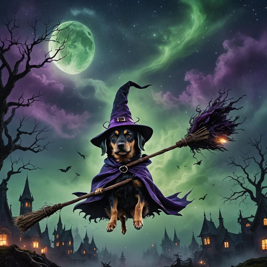 Dog Witch Flying on Broomstick in Spooky Sky