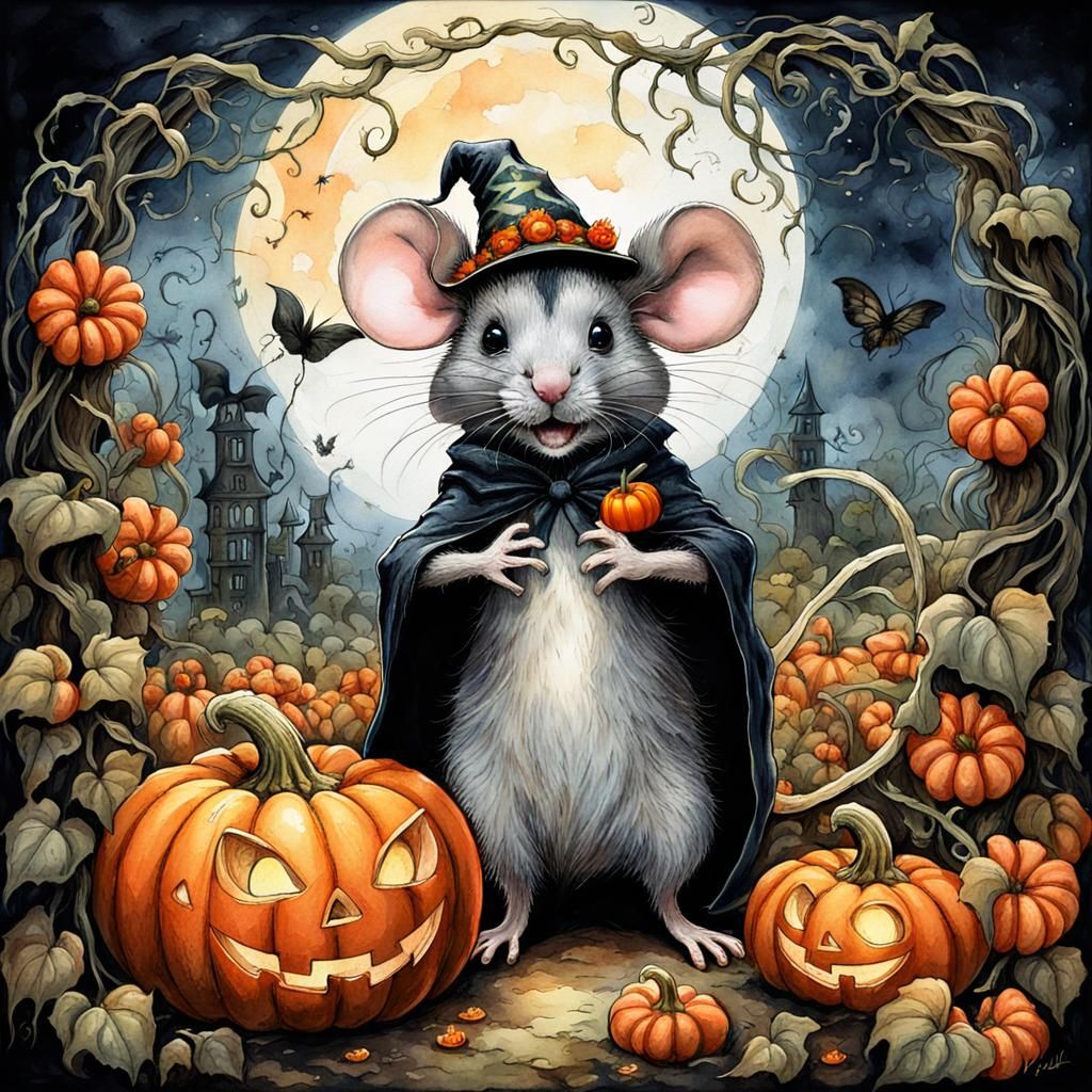 Chibi Mouse Halloween Scene as Magical Realism Art