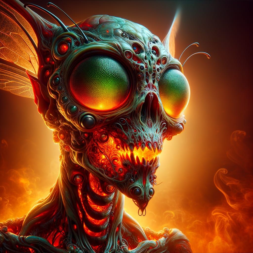 Eerie Alien Cyborg Over Fiery Planet in 8k