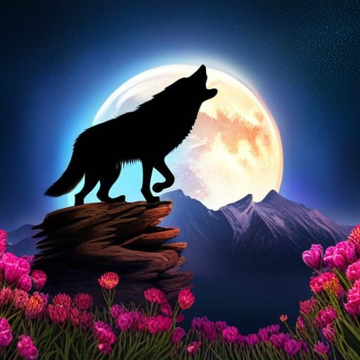 Surreal Black Wolf Leaps Before Moonlit Mountains
