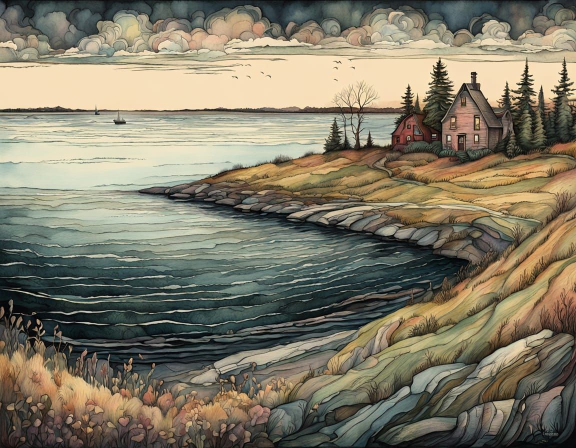 Whimsical Lake Ontario Landscape in Lowbrow Art Style