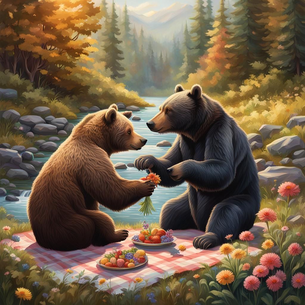 Bears Picnic by Stream in Hyperrealistic Splash Art