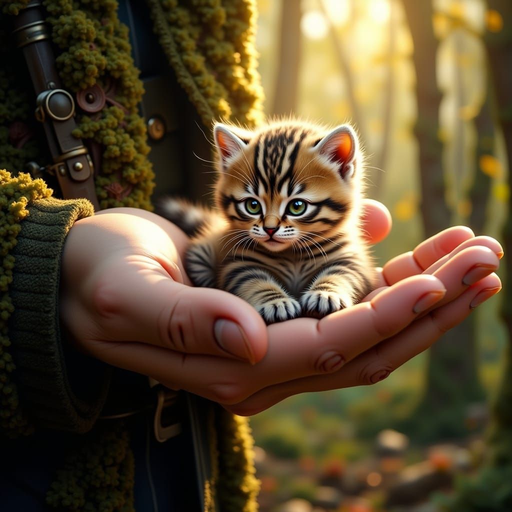 Gentle Giant Holds Kitten in Golden Forest Light
