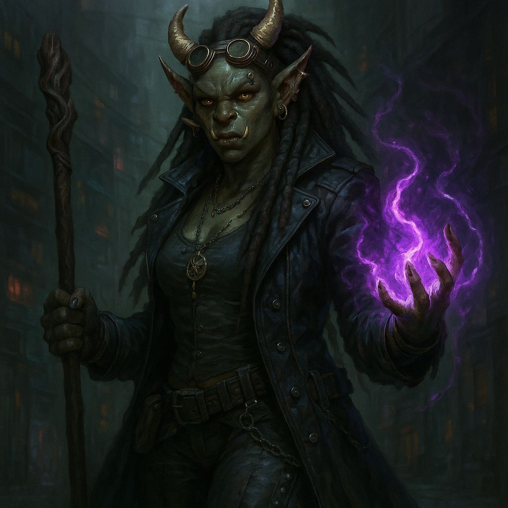 Shadowrun Female Troll Spellcaster in Cyberpunk Style