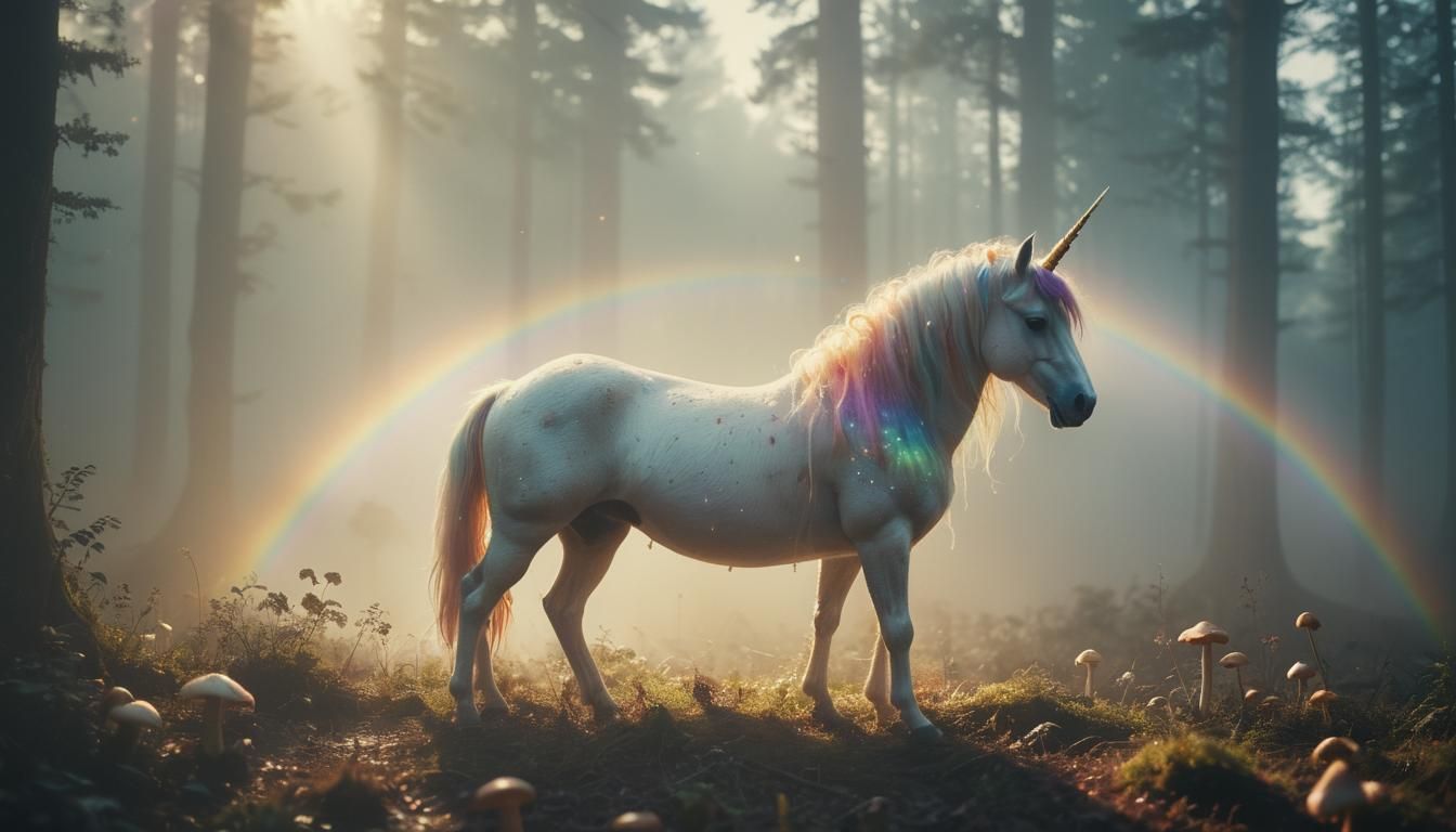 Rainbow Unicorn in Misty Forest, Cinematic Film Still