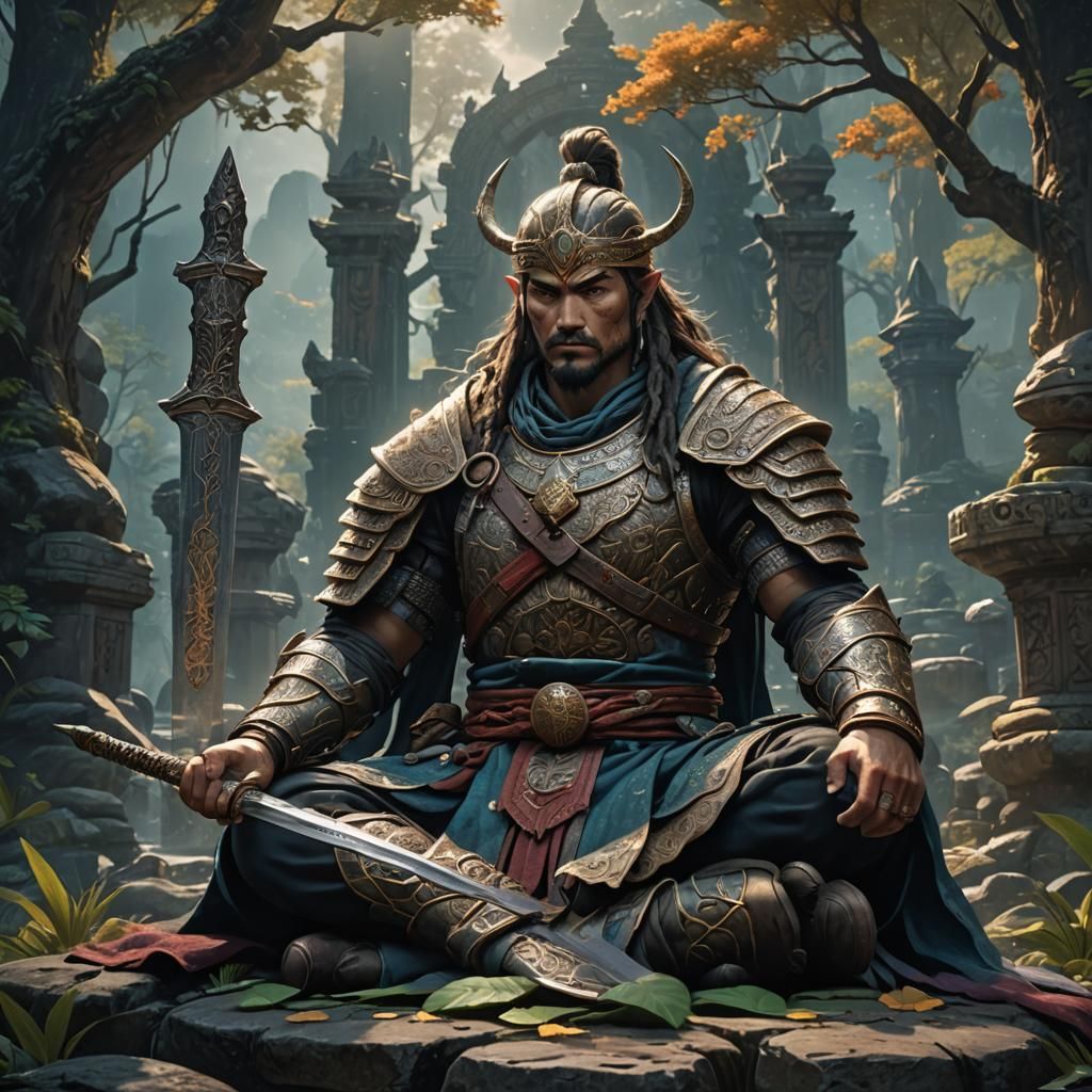 Warrior Meditating Peacefully in Detailed Matte Painting