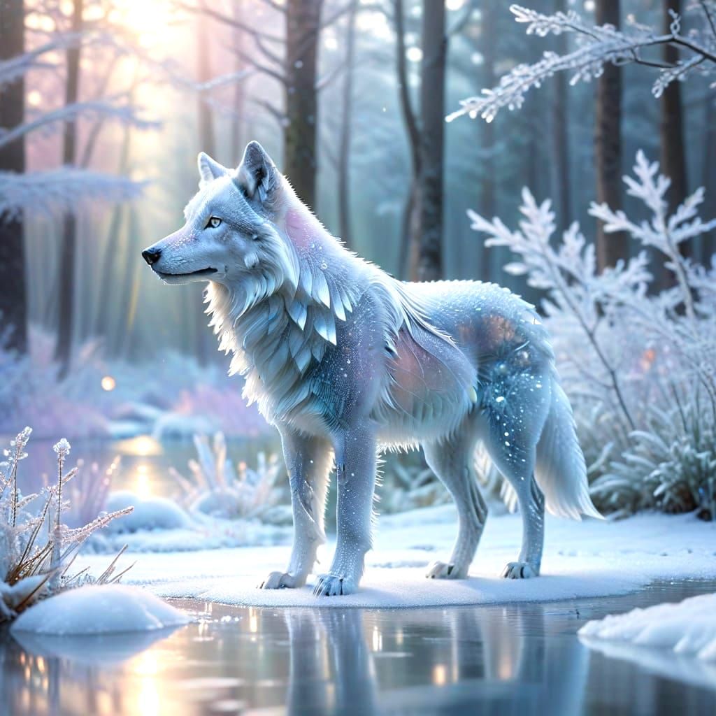 Ethereal Crystal Wolf in Frosty Pastel Winter Landscape