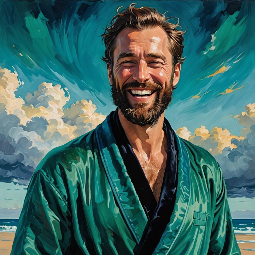 Joyous Bearded Man in Gouache Style Bathrobe