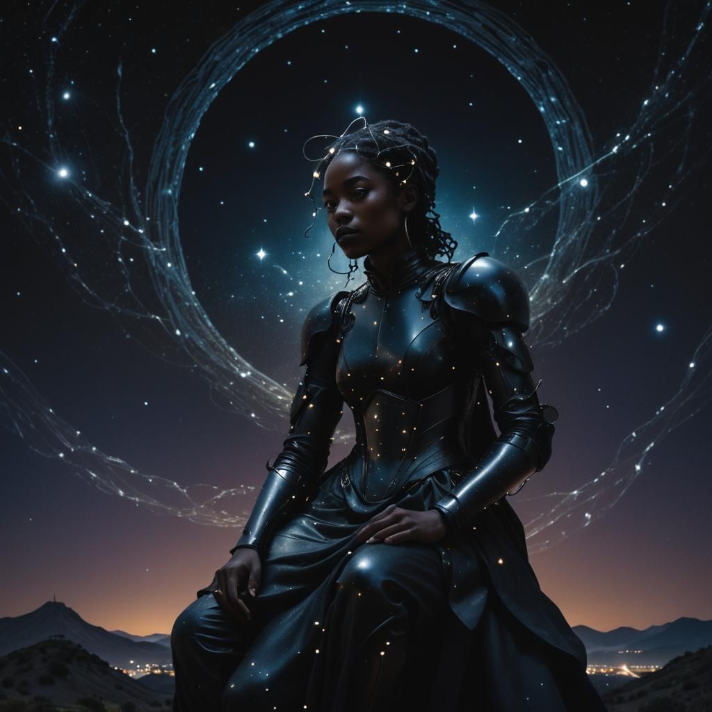Surreal Portrait of Armored Woman in Starry Night