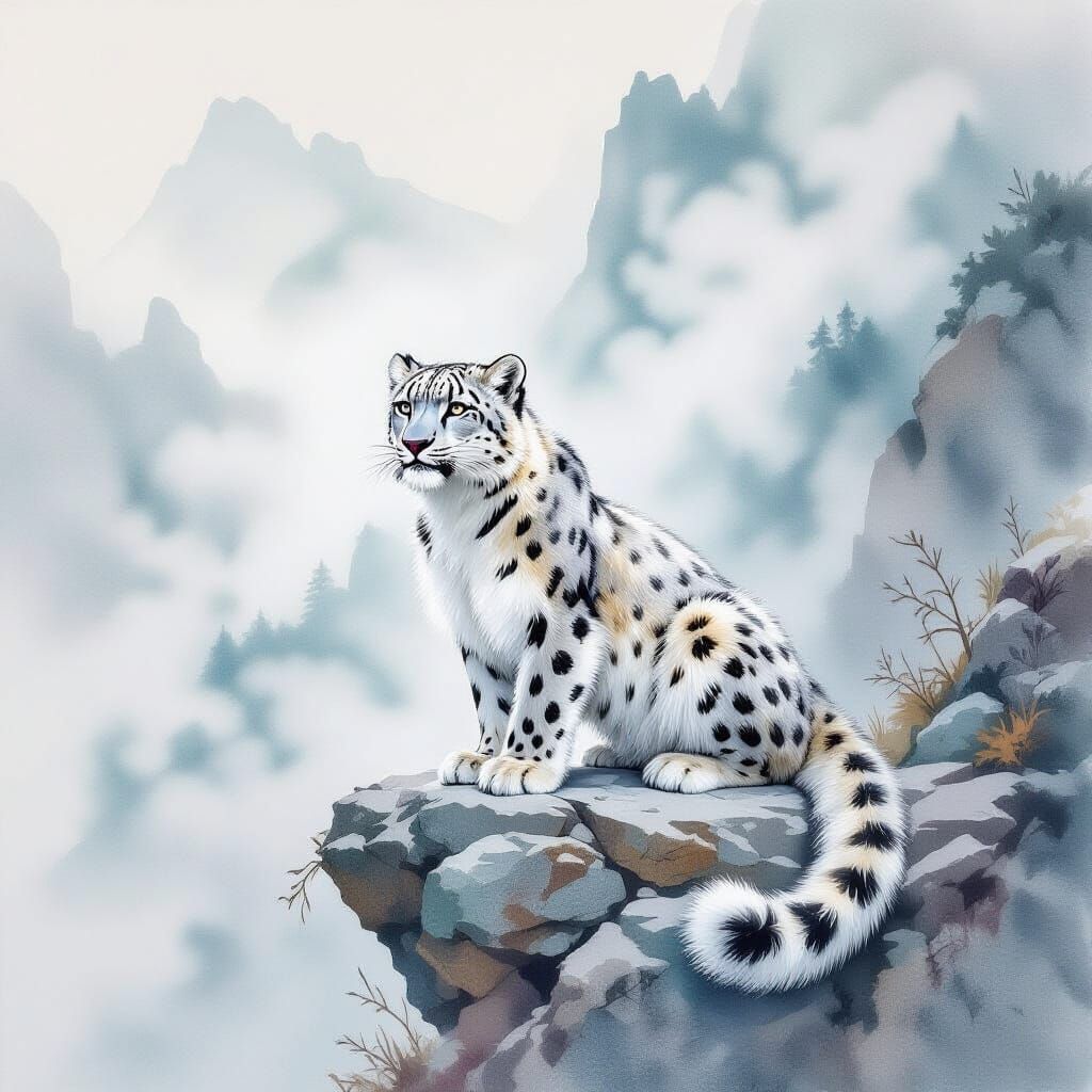 Majestic Snow Leopard on Rocky Ledge in Watercolour