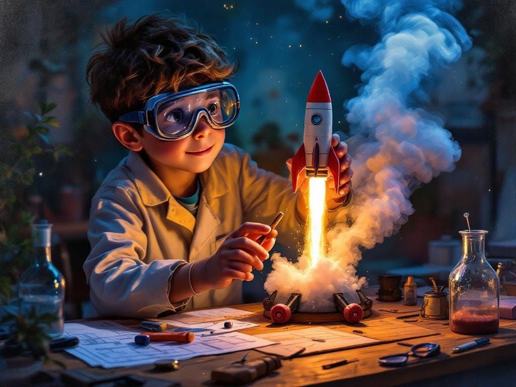 Boy Inventor Launches Rocket: Oil Painting Style