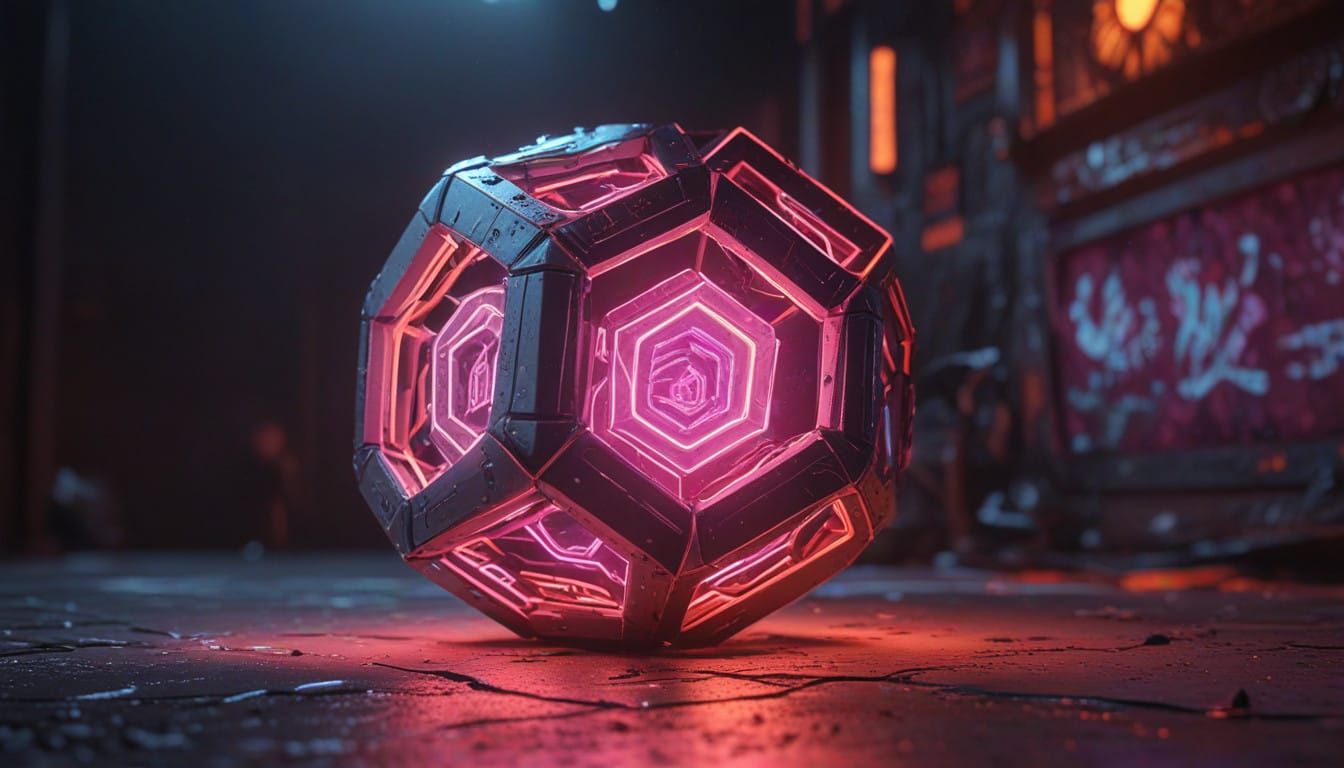 Glowing Dodecahedron Amidst Basil Gogos-Inspired Sci-Fi Back...