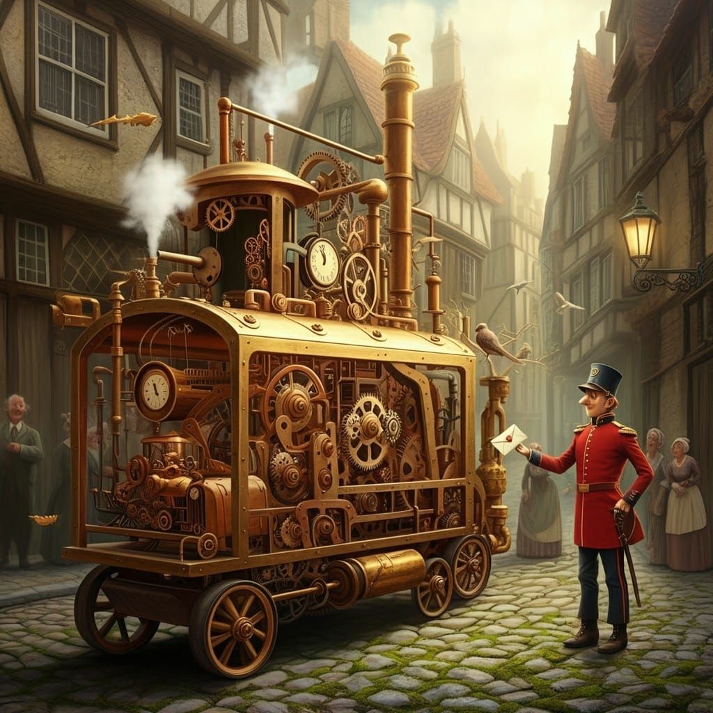 Steampunk Rube Goldberg Machine on Cobblestone Street