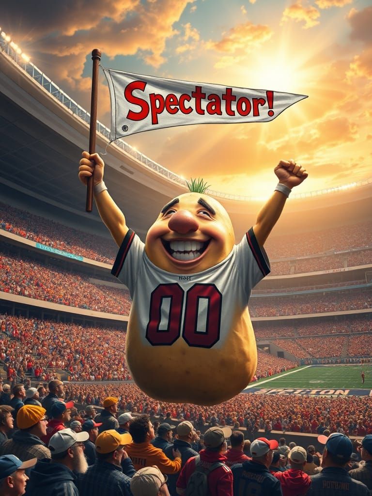 Triumphant Potato Spectator in Super Bowl Arena