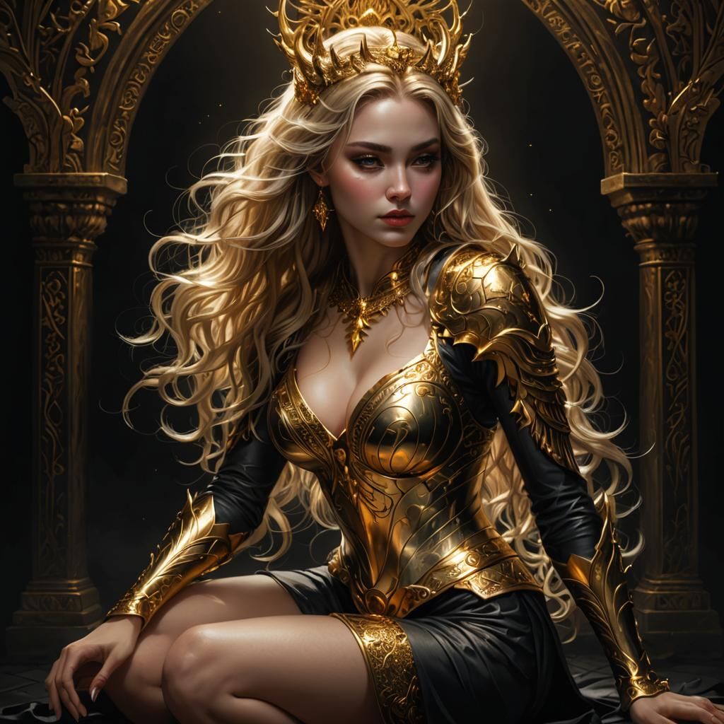 Golden Woman Kneeling in Darkness: Airbrush Art