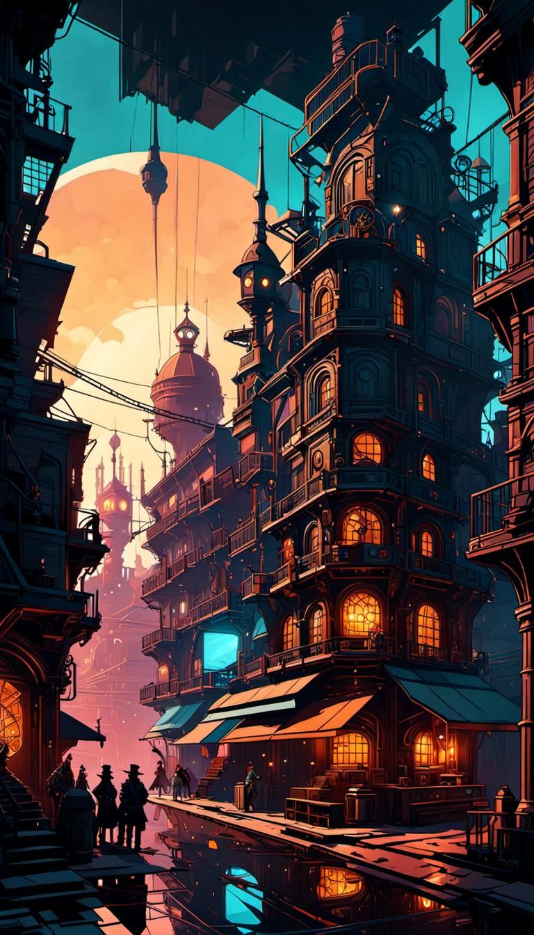 Steampunk Urban Environment in Vector Art Style