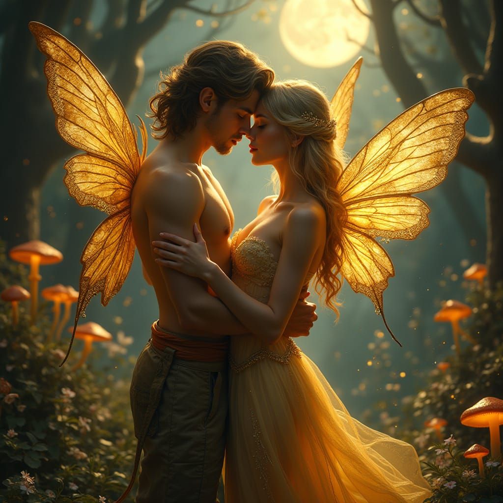 Ethereal Lovers Embrace in Enchanted Forest