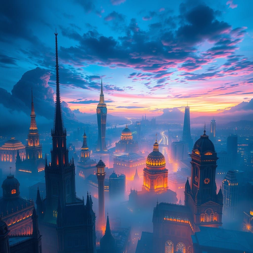 Ethereal Metropolis Unfolds in Fantastical, Iridescent Hues