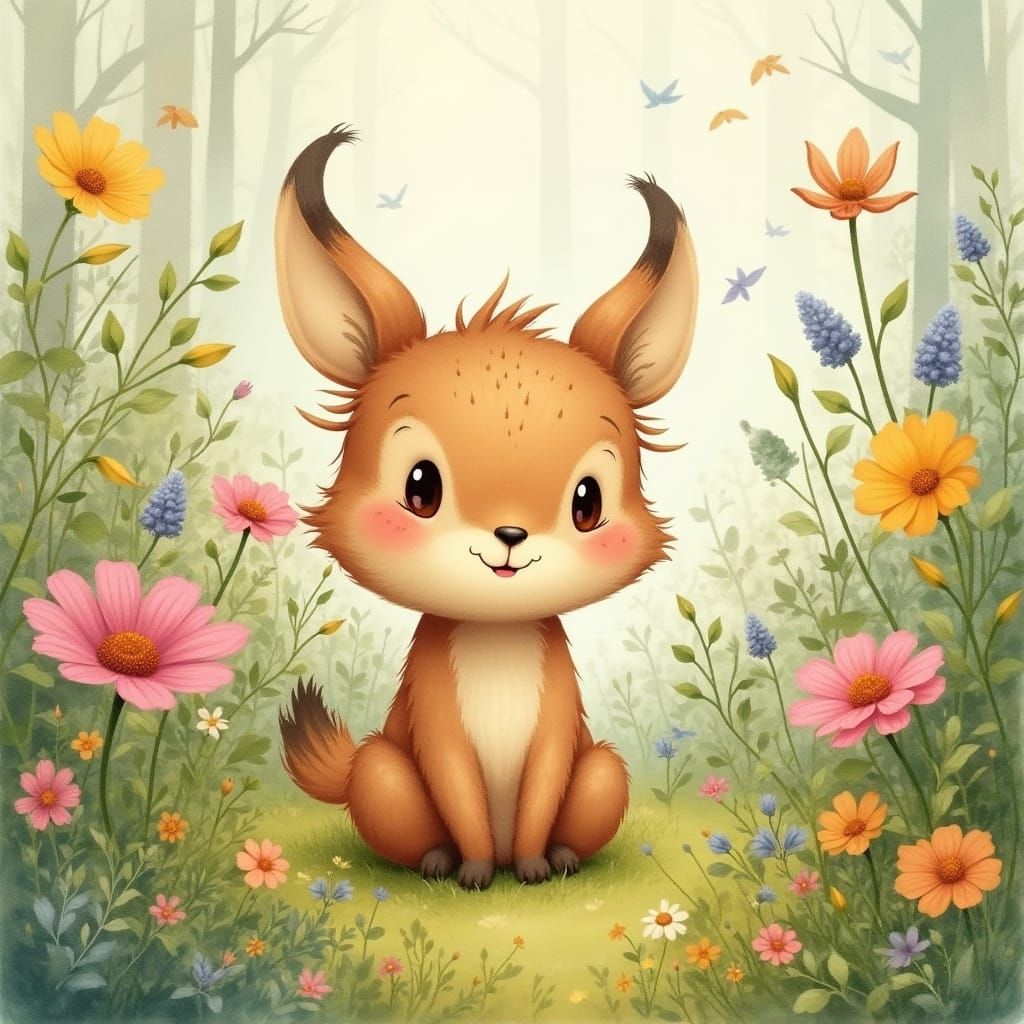 Enchanting Animal in Whimsical Forest, Watercolor Illustrati...
