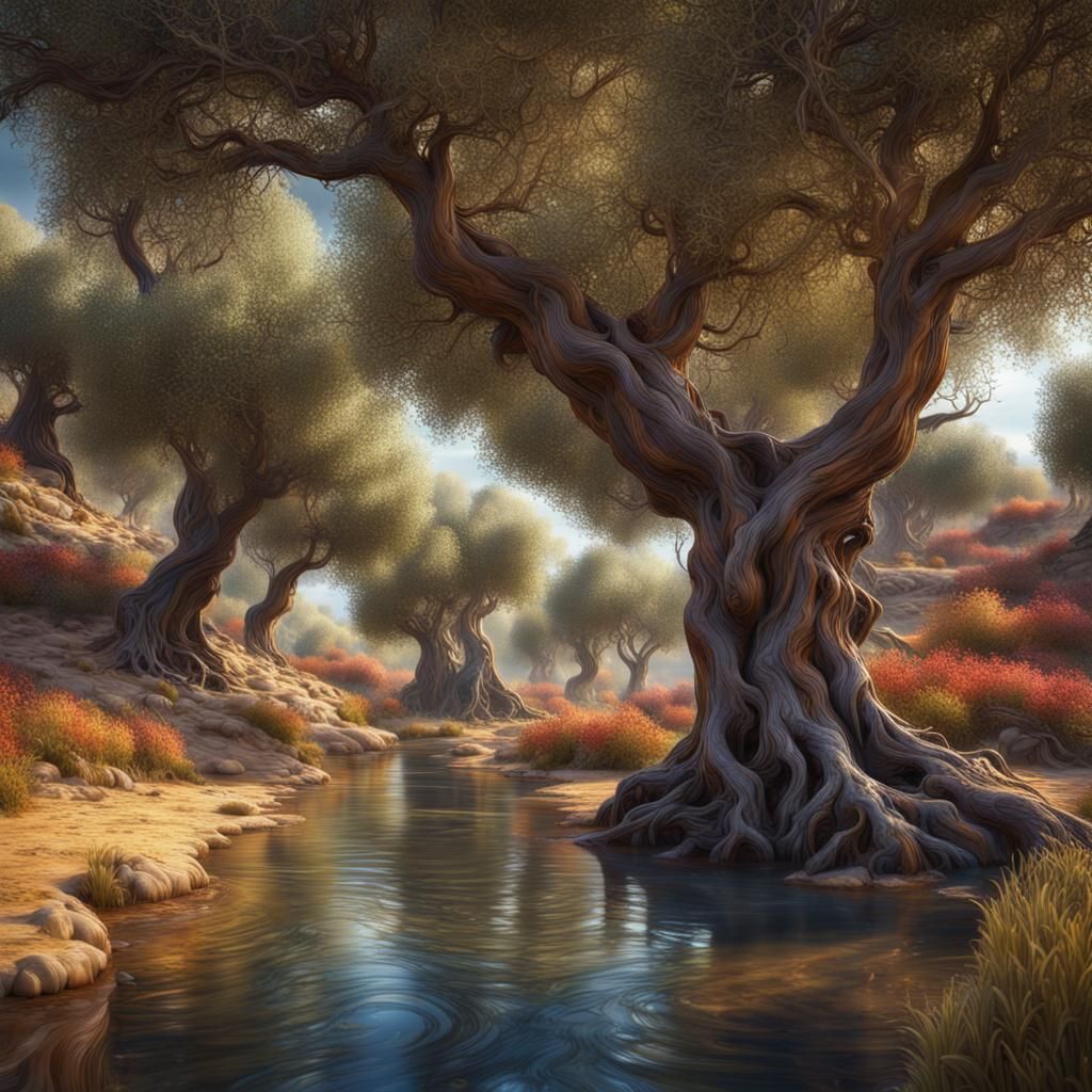Lush Olive Grove Landscape in Detailed Matte Painting