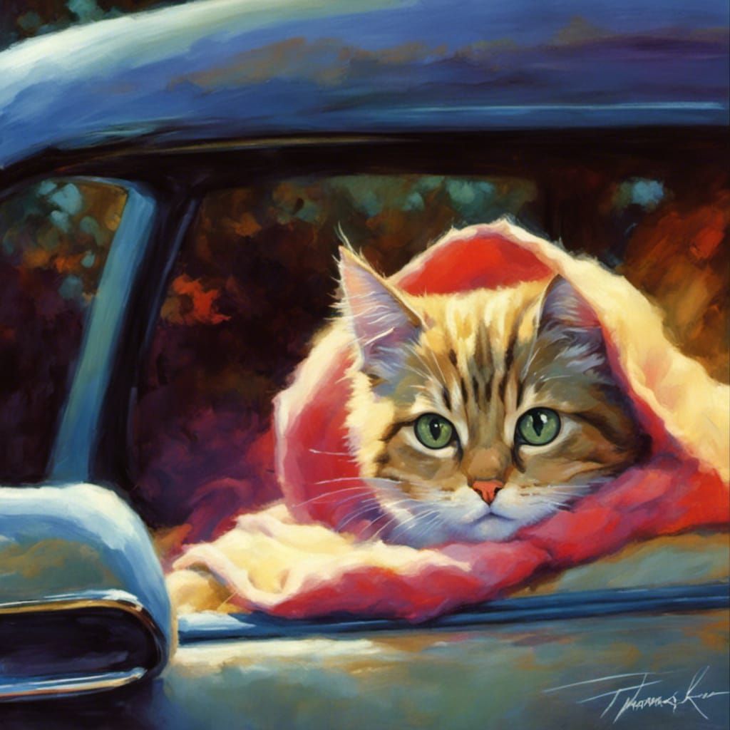 Cat in Blanket in Car, Kinkade-Landry Style