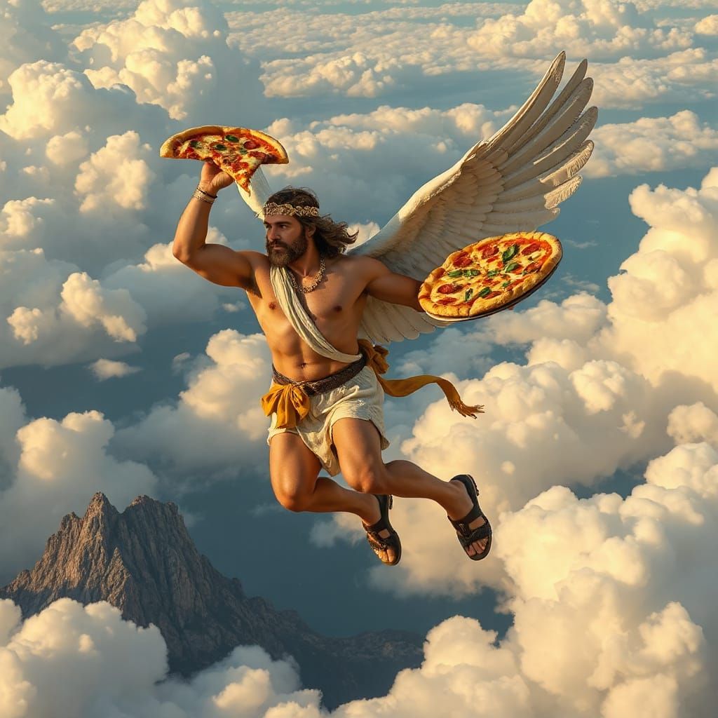 Beefcake Hermes carrying a Mediterranean style pizza soaring through the clouds on his winged sandals to Mount Olympus