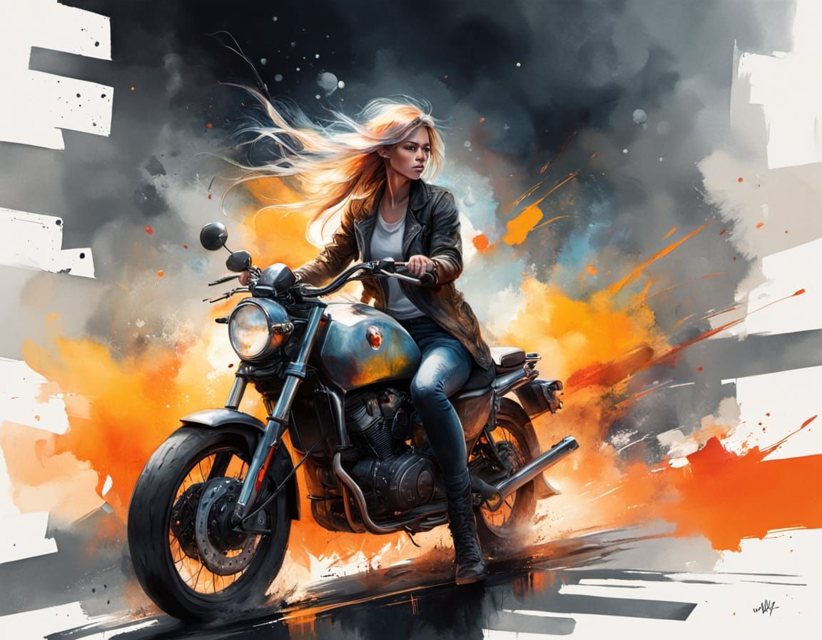 Girl on Motorcycle in Vibrant Watercolor Splash Art