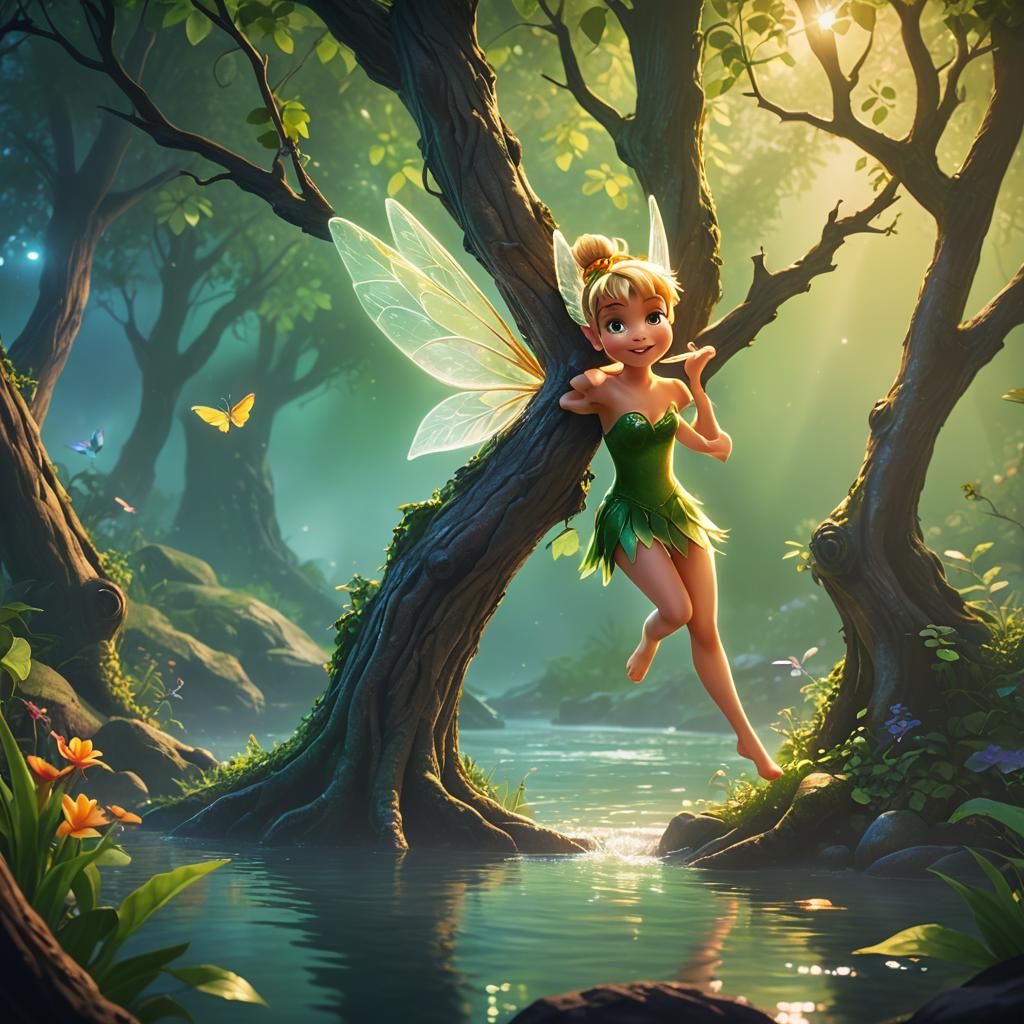 Pixar style cartoon Tinkerbell fairy, spying on Peter Pan swimming in a river