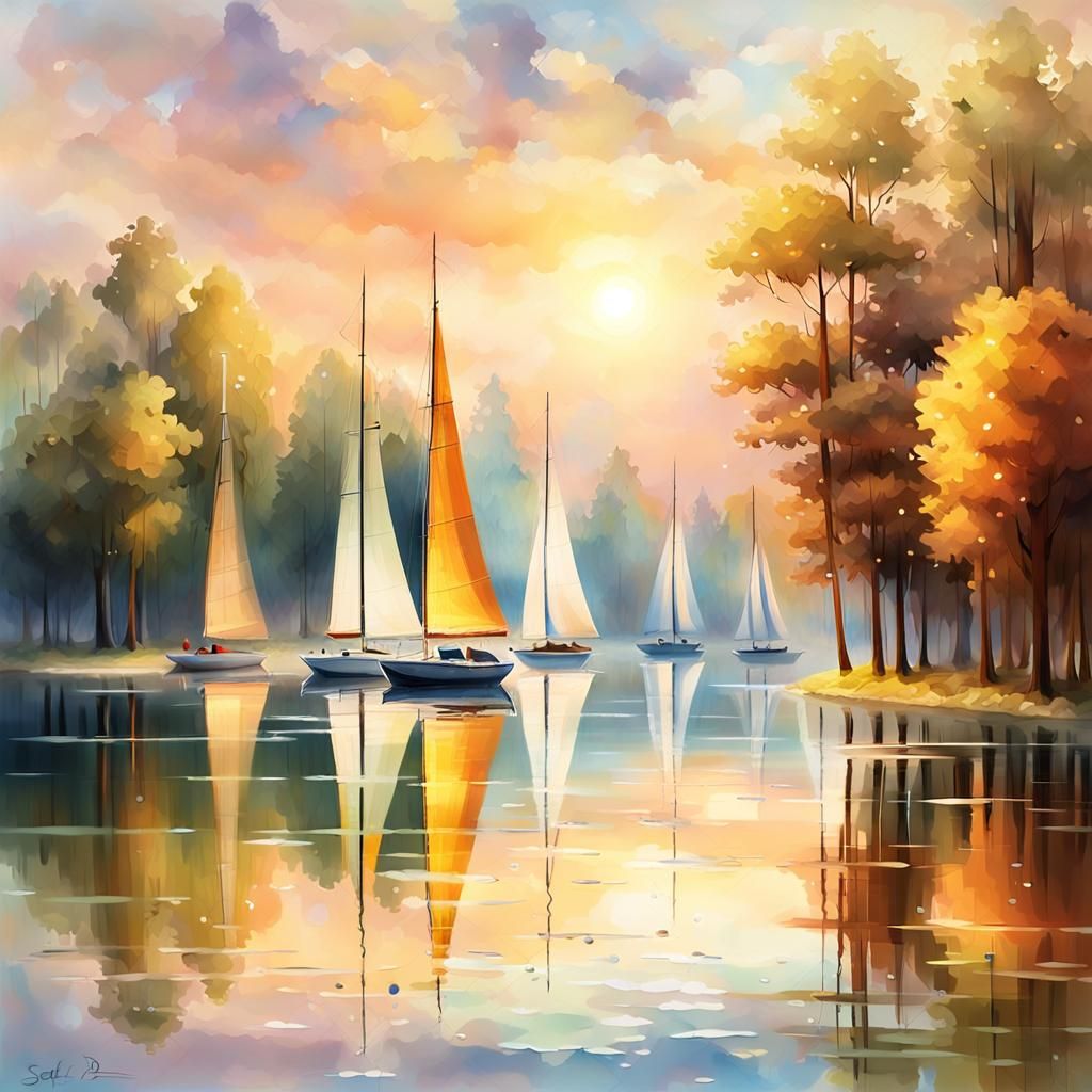 Sailboats on Lake: Impressionistic Digital Painting
