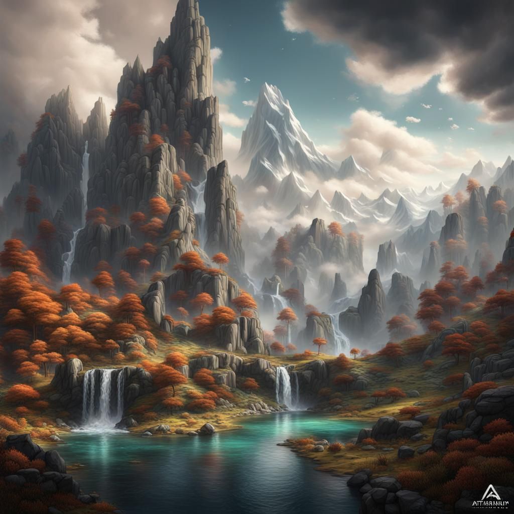 Surreal Landscape with Waterfall in Impressionist Style