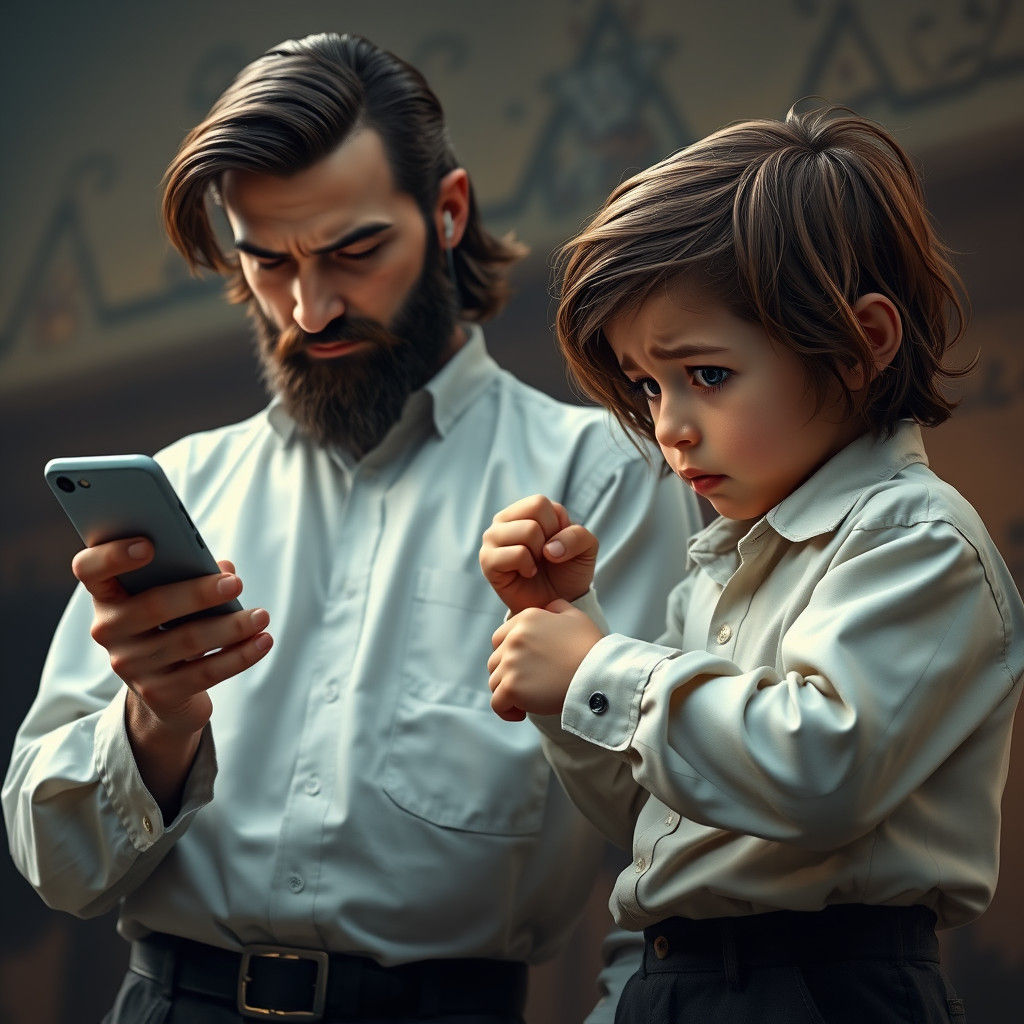 Hasidic Man Engrossed in Phone with Distressed Boy