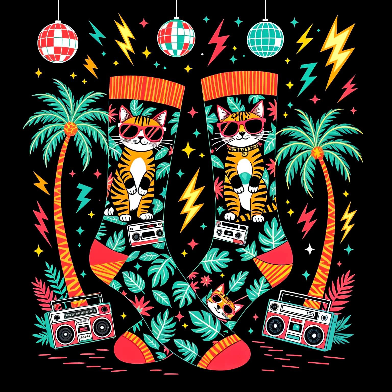 Neon 80s Socks with Jungle Cats and Boomboxes